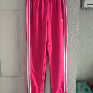 Adidas Pink and White Joggers with Signature Stripes